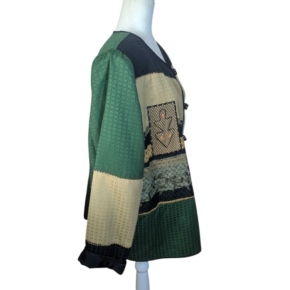 Vtg Artistic Patchwork Green and Black Button-Up Boxy Unique Indie Jacket Sz 1X